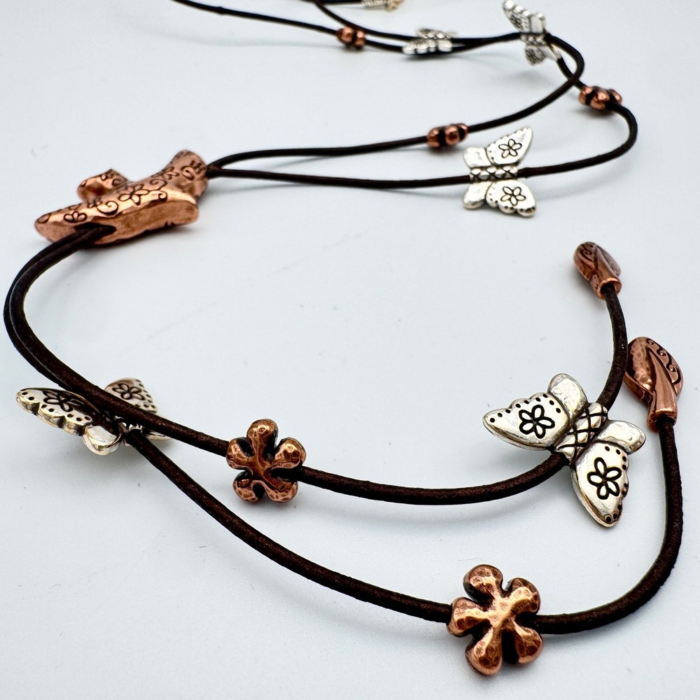 Boho Mixed Metal Butterfly Bird Lariat Necklace Brown Cord Nature Whimsical 36in - Picture 4 of 9